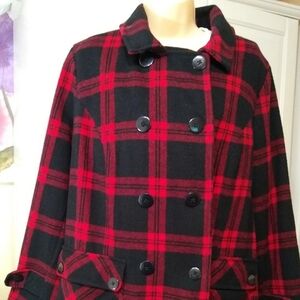 Woman Within Wool Blend Red and Black Plaid Pea Coat Large Pockets 14W